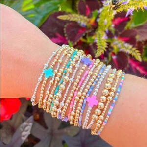 Bracelets extensibles à motifs en perles croisées plaqués or 18 carats, bracelet en perles rondes de 2,5 mm en acier inoxydable élastique pour femmes, bijoux - Product Image 2