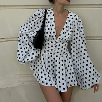 Robe Courte Femme à Pois Col V Profond Manches Longues Bouffantes Taille Haute Froncée Boutonnée Devant Fluide Élégante Vacances Rétro