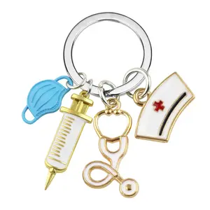 4 styles Hot Doctor Nurse Hat Maskes Key Ring Injector Syringe Cardiogram Stethoscope Pendant Key Chain