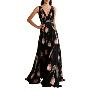 Abito lungo da <span class=keywords><strong>donna</strong></span> senza maniche con stampa tulipani, scollo a V, in chiffon, per serate ed eventi - Sehe Fashion - Product Image 6