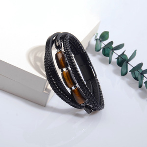 Custom <b>Leather</b> Hand-Woven Multi-Layer <b>Bracelet</b> For Men Tiger Eye Stone Retro Stainless Steel Buckle 7.5 8.5 9 Inches Gift - Product Image 3