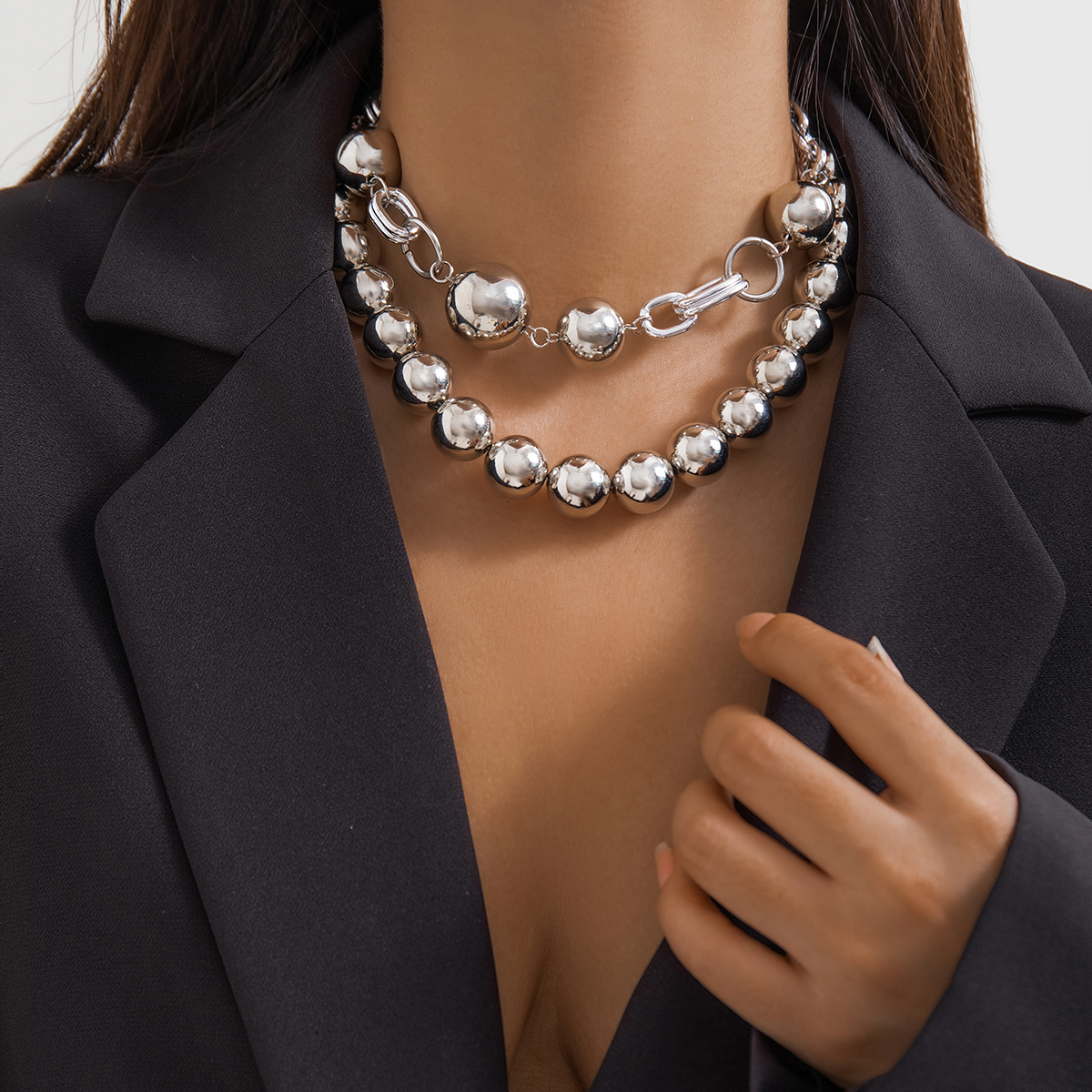 2 Layered Big Ball Beaded Choker Necklace for Women Trendy Lady