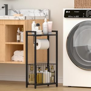 Porte-papier toilette autoportant tout-en-un avec étagère de rangement, support pour papier toilette de salle de bain avec espace pour téléphone, tablette et magazines - Product Image 2