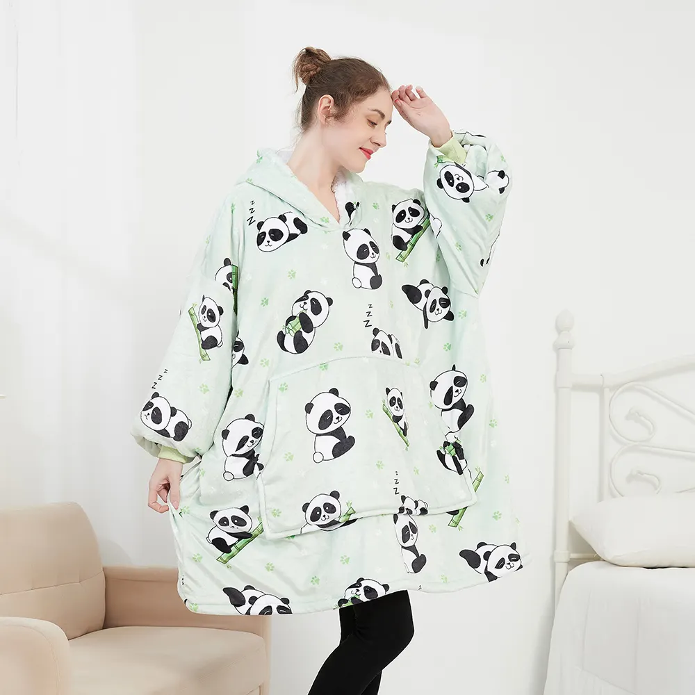 Wholesale panda print adult hoodie blanket sherpa personalized custom winter christmas flannel hooded blanket with sleeves