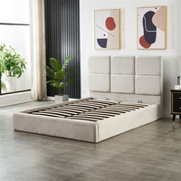 Design élégant et élégant, tissu velours gris doux, forme carrée capitonnée, lit double de rangement à gaz
