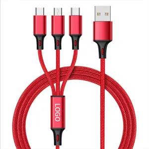 Kabel pengisi daya Tipe C ke Usb 3 In 1, kabel Data Usb nilon 3 In 1 3A 5A pengisian daya Super cepat dengan Logo kustom