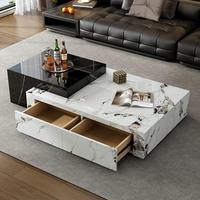 Table basse de style italien contemporain en pierre frittée noire et blanche avec tiroirs pour salon de villa.