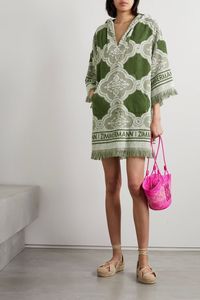 <span class=keywords><strong>ZIMMERMANN</strong></span> Mini Abito Boho Verde Stampato con Bordi Sfrangiati, Scollo a V, Maniche Corte, Vestibilità Ampia, Abbigliamento Casual Estivo - Product Image 2