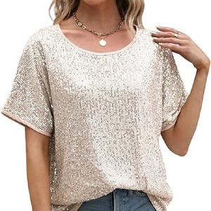 Women <b>Sequined</b> Loose Fit Asymmetric <b>Top</b> Short Sleeve Party Casual Blouse Sheer Layer - Product Image 2