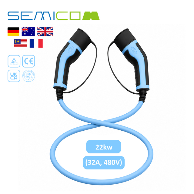3 Phase 480V EV Charger Cable 32A 22KW IEC62196 EV Charger 5M Type 2 to Type 2 EV Charging Cable for All Electric Vehicles