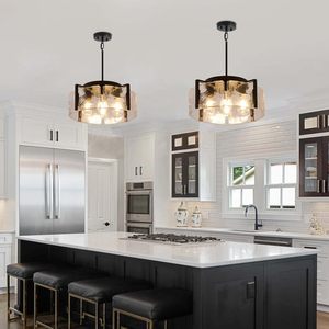 Lustre moderne de style farmhouse à 4 lumières noires pour salle à manger, <span class=keywords><strong>luminaire</strong></span> <span class=keywords><strong>suspendu</strong></span> en verre martelé, décoration de luxe, <span class=keywords><strong>luminaire</strong></span> pour <span class=keywords><strong>îlot</strong></span> de <span class=keywords><strong>cuisine</strong></span> - Product Image 2