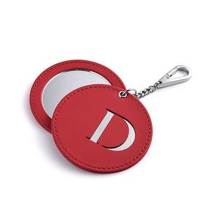 Small Shiny Red Color Custom Logo PU Leather Handheld Compact <b>Mirror</b> with Keychain - Product Image 5