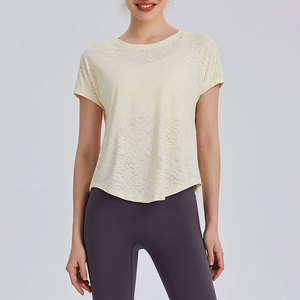 T-shirt de sport athlétique pour femme, transparent, à manches courtes, col rond, avec découpes, taille à nouer, ample et respirant, pour le yoga, la course et la gym - Product Image 1