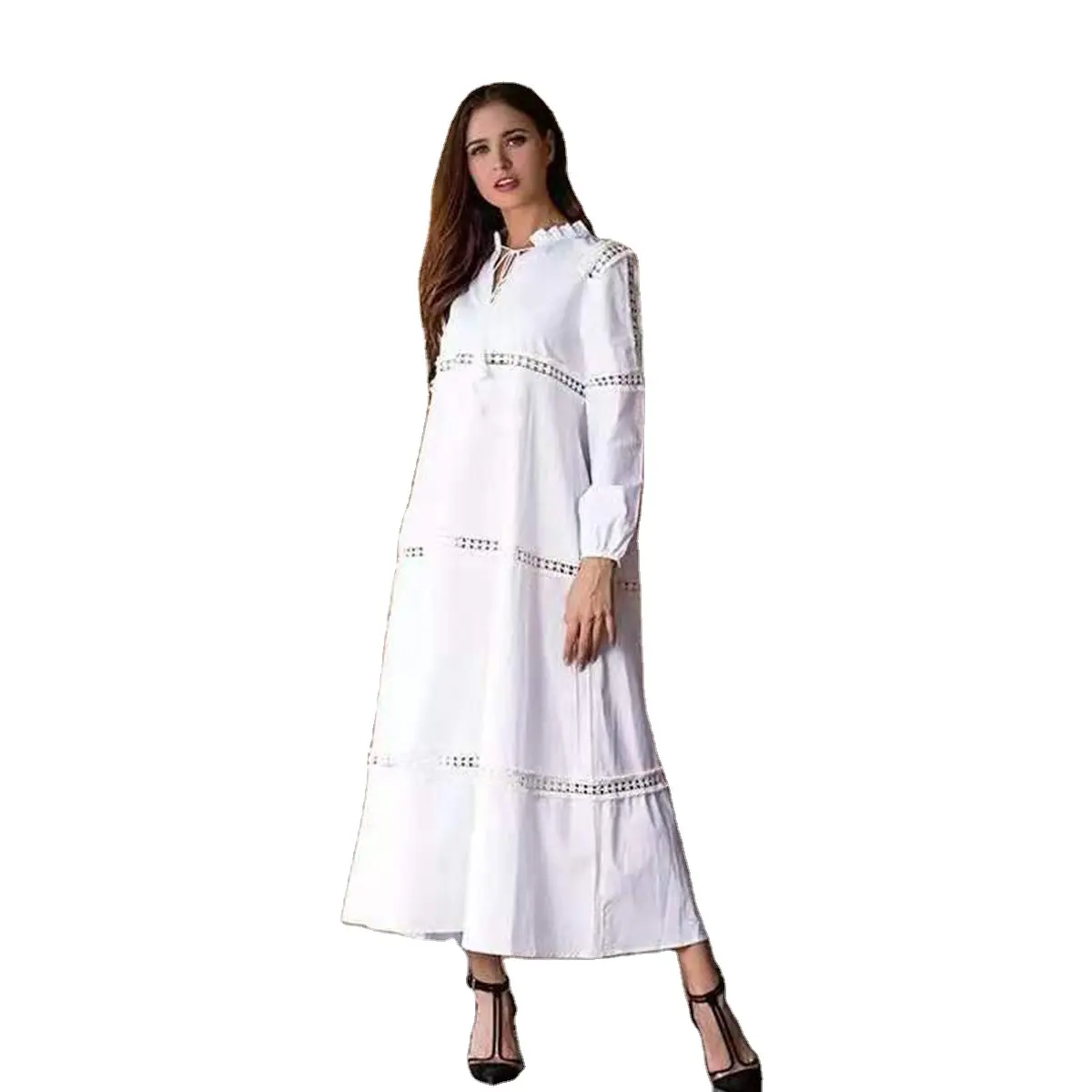 도매 주문 형식 새로운 뜨거운 여자의 백색 레이스 바느질 자수 긴 소매 플러스 크기 복장
