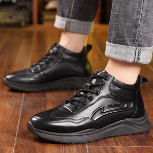 Bottes à cheville en cuir véritable pour hommes, bout rond, doublure en peluche chaude pour l'hiver, semelle extérieure en caoutchouc antidérapante, semelle souple - Product Image 2