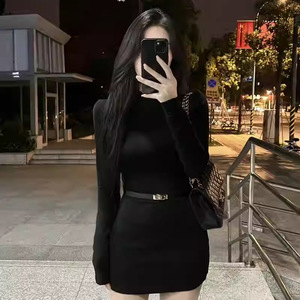 High Neck Bodycon Dress Women Autumn Long Sleeve Slim Fit Black Solid Color Tight Waist Hip Hugging Short Skirt - Product Image 3