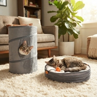 Lit tunnel pliable pour chat 2-en-1, maison multifonctionnelle en velours pour animaux de compagnie, tube interactif avec trou d'observation, nid douillet et tapis de couchage chaud pour chatons