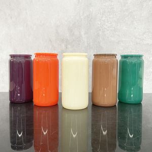 Custom logo Autumn Winter Solid Color 16oz Cream Colored Glass Can With <b>Plastic</b> Lid for Vinyl - Product Image 1