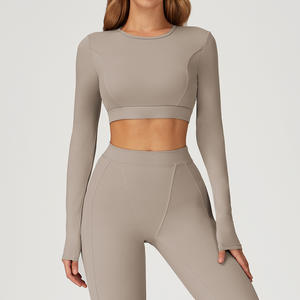 Traje atlético para <span class=keywords><strong>mujer</strong></span>, Sujetador deportivo ajustado de manga larga, ropa deportiva para gimnasio, pantalones cortos de cintura alta, mallas para <span class=keywords><strong>mujer</strong></span>, conjunto de Yoga para gimnasio - Product Image 2
