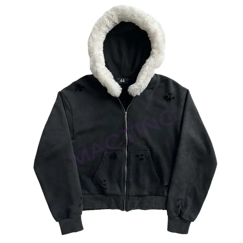 Tùy Chỉnh Lông Cừu 100% Bông Trống Sanding Lỗ Axit Rửa Mặt Trời Faded Đau Phạt Đầy Đủ Zip up Hoodies Áo Khoác Với Cổ Áo Lông Thú