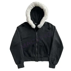 Custom Fleece 100% Cotton Blank Sanding Holes Acid Wash Sun Faded Distressed Full Zip Up Hoodies Coat with Fur Collar