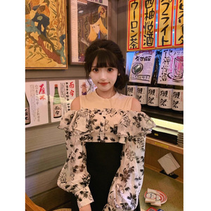 Japanese Style Ink Floral Ruffle Patchwork Dress Off-Shoulder Tight Waist Party Casual Dress - Product Image 2