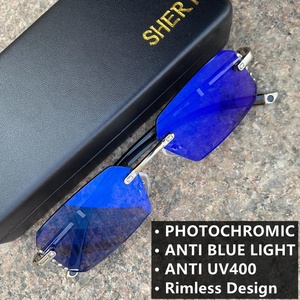 UV400 小型長方形ポリゴン TR90 リムレス ダイヤモンド型 ルネット フォトグレイ 反射防止 <span class=keywords><strong>2026</strong></span> ブルーライトカット 調光メガネ 女性用 - Product Image 2