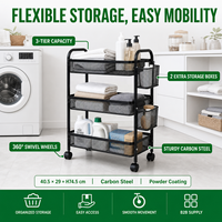 Chariot utilitaire à 3 niveaux avec poignée et roulettes, chariot de rangement multifonctionnel en métal grillagé avec boîtes latérales