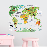 Pegatinas de pared con mapa del mundo de animales para habitación de niños, dormitorio, jardín de infantes, decoración de fondo de pared, calcomanías de pared removibles, arte
