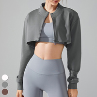 Veste de course courte et ample col montant fermeture éclair complète vêtements de sport à manches longues hauts de sport vestes de fitness veste de yoga pour femmes