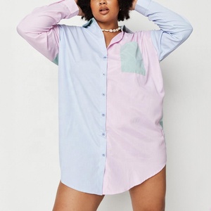 New Fashion Spring Autumn Blocked Color Women Plus Size <strong>pink</strong> Stripe Cotton Shirt <strong>Dress</strong> - Product Image 1