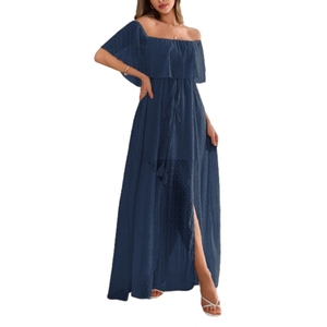Robes maxi élégantes pour femmes, à épaules dénudées, avec cordon de serrage à la taille, manches courtes, tendance - Product Image 6