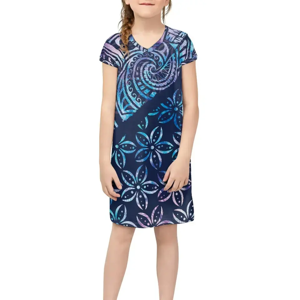 ชุดเดรสสำหรับเด็กผู้หญิง,ชุดเดรสผ้าฮาวายพิมพ์ลายใบไม้และดอกชบาสีฟ้าแบบสั่งตัดสำหรับเด็ก