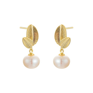 Muyu Pearl Stud Earrings Gold Leaf Freshwater Pearl 925 Silver Post For Women Gift - Product Image 5