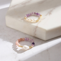 Mlluki Heilender Naturstein-Schmuckring Opal Lila Glimmer Echte Perle Charm Elastischer Stapelbarer Verstellbarer Perlenring