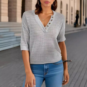 Pull en maille ajourée col en V pour femme, collection Printemps-Été 2025, manches courtes, style décontracté, noir, blanc, abricot, gris, tailles S, M, L, XL, XXL - Product Image 3