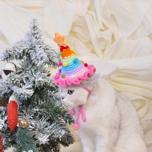 Chapeau pour animaux de compagnie au crochet fait main, motif dessin animé arc-en-ciel et étoile, bonnet doux et chaud, accessoire capillaire pour chats et chiens, idéal pour les fêtes de Noël - Product Image 5