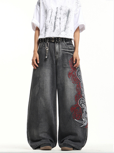 Jeans amples vintage américains imprimés, style street dance hip-hop, denim délavé léger et respirant pour l'été – Vente en gros - Product Image 2