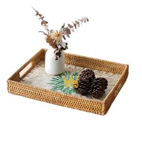 Bandejas de Servir Rectangulares Hechas a Mano con Incrustaciones de Ratán y Madreperla, Decoración Ecológica para el Hogar, Portátiles, Listas para Enviar - Product Image 1