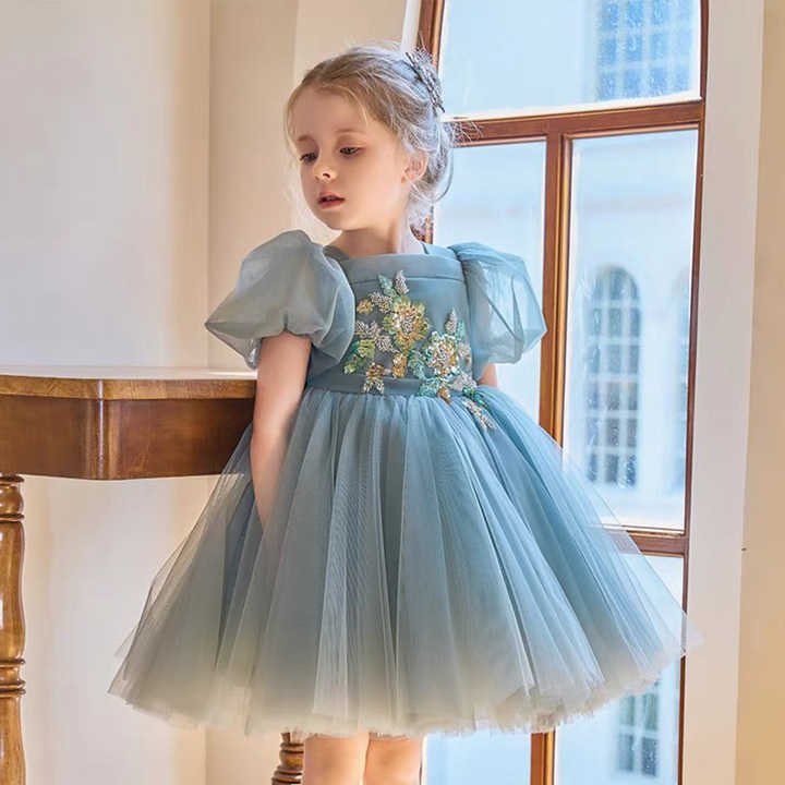 Floryme Puffy Sleeves Tulle Knee-length Baby Girl Birthday Dress