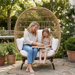 Fauteuil œuf surdimensionné en osier pour intérieur et extérieur, avec 4 coussins, pour <span class=keywords><strong>jardin</strong></span>, salon ou terrasse, avec structure en acier - Product Image 2