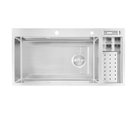 Évier de cuisine rectangulaire moderne en acier inoxydable 304 poli, fait main, calibre 16, à cuve unique, avec robinet quatre trous, à encastrer sous plan.