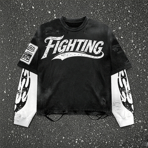 เสื้อยืดแขนยาวผู้ชายพิมพ์ลาย<span class=keywords><strong>กราฟ</strong></span>ิกพลาสติซอลแบบซ้อนทับ สไตล์สตรีทแวร์ขนาดใหญ่พิเศษ ผ้าหนา 300 กรัม ซักย้อมสีแบบแอซิดวอช ดีไซน์ขาดๆ - Product Image 1