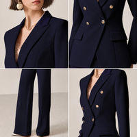 Ensemble pour femmes bleu marine, blazer formel à double boutonnage avec boutons dorés, pantalon large, vêtements de bureau de luxe pour cadres