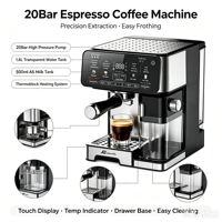 Cafetera Espresso Compacta Anbolife de 20 Bares con Función Táctil, Pantalla de Temperatura y Función de Precalentamiento OEM