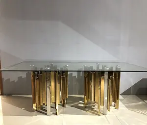 Newest High Quality Luxury Gold Stainless Steel Pillar Base Dining Table Tempered Glass Top Restaurant Table For Home Hotel