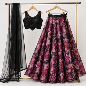 Conjunto de Lehenga Choli con Estampado Floral de Diseñador para Mujer, Top Corto Negro Bordado con Dupatta, Atuendo Étnico para Fiesta - Product Image 6