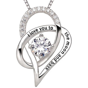 Ciondolo in argento con diamante naturale taglio brillante rotondo, regalo romantico per donna, collana con scritta 'Ti amo fino alla luna e ritorno' - Product Image 1