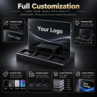 Support de présentation de comptoir en acrylique noir personnalisé avec panneau arrière pour logo, plateau de présentation de produits de vente au détail à 3 fentes, OEM ODM