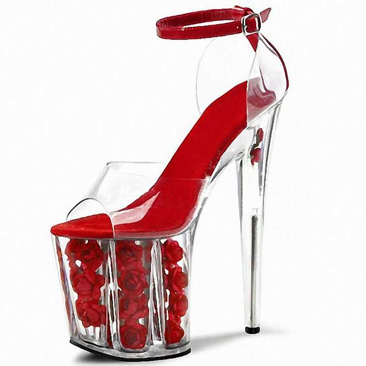 New Elegant red flower transparent high heels Peep Toe 8 inch women's Full Dress Platform sandals Stripper pole dance high heels